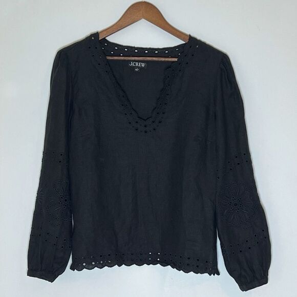 J.Crew Bungalow Embroidered Linen Long Sleeve Top Black - Picture 2 of 5